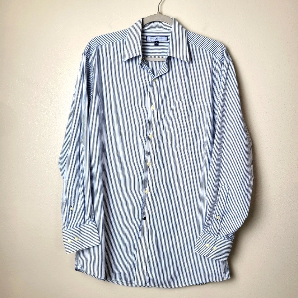 Tommy Hilfiger Men's Dress Shirt Blue White Stripe Long Sleeve Size‎ 15 Medium